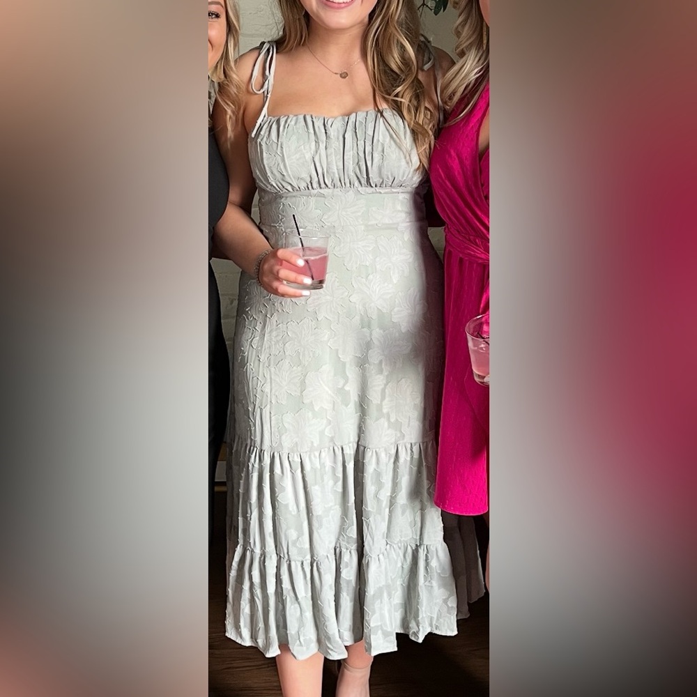 Lulu's Sweet Sentiments Sage Green Jacquard Tiered Midi Dress - Picture 3 of 4